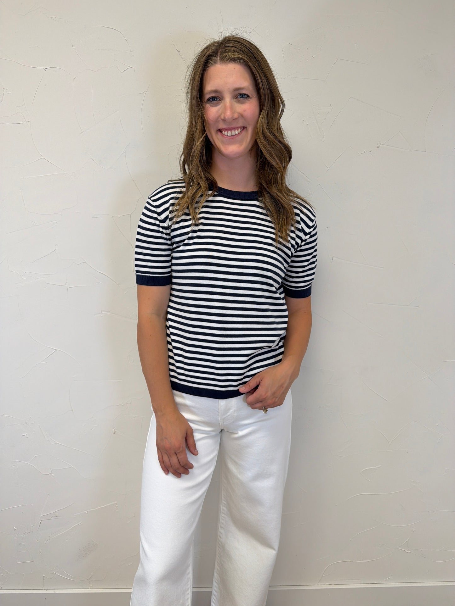 Crew Neck Half Sleeve Striped Sweater
