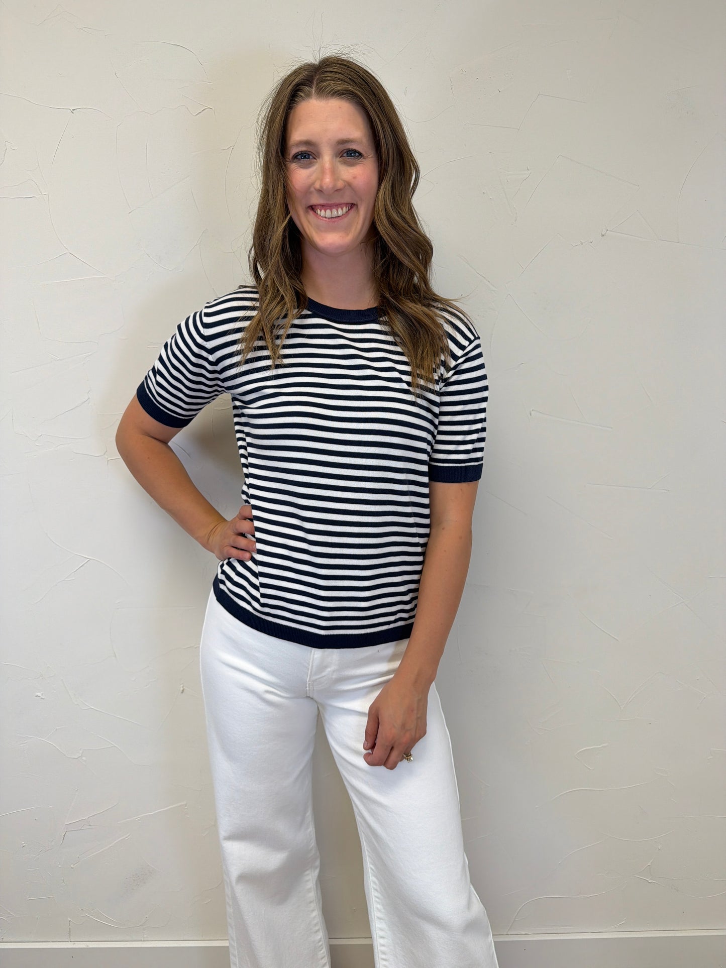 Crew Neck Half Sleeve Striped Sweater