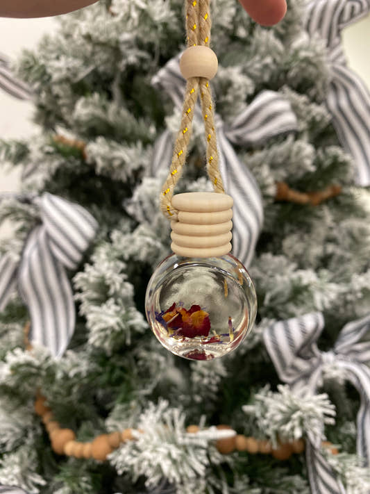 Front view of Amber Rouge car diffuser showing decorative rose filler and hanging design — Three:Twelve Boutique