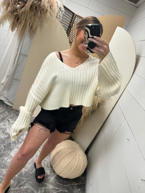 Cropped V Neck Rib Knit Sweater