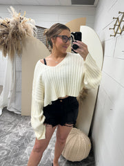 Cropped V Neck Rib Knit Sweater