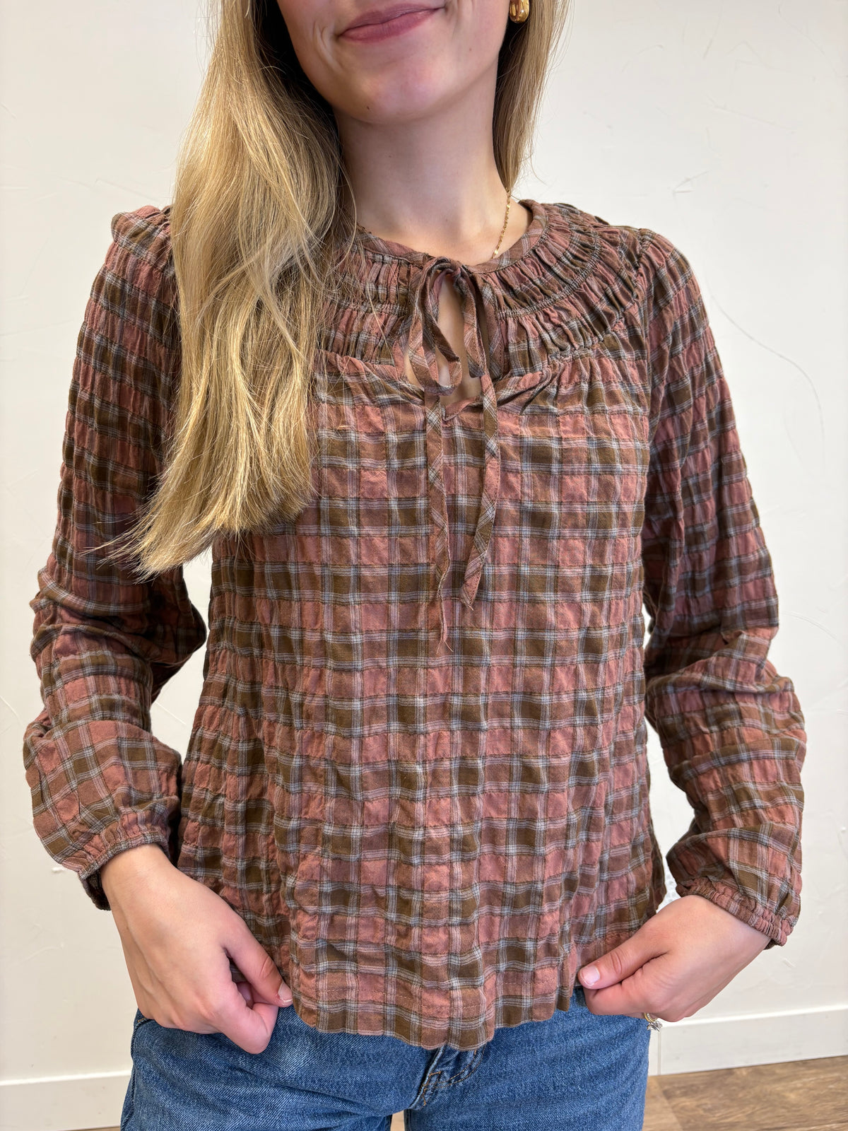 Plaid Shirred Yoke Front Tie Top