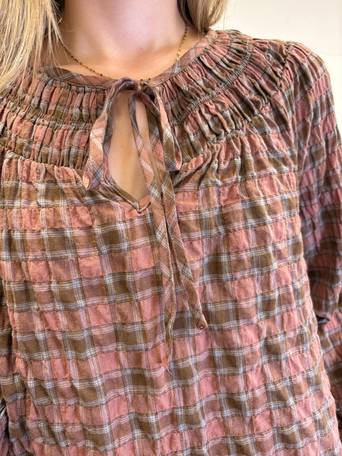 Plaid Shirred Yoke Front Tie Top