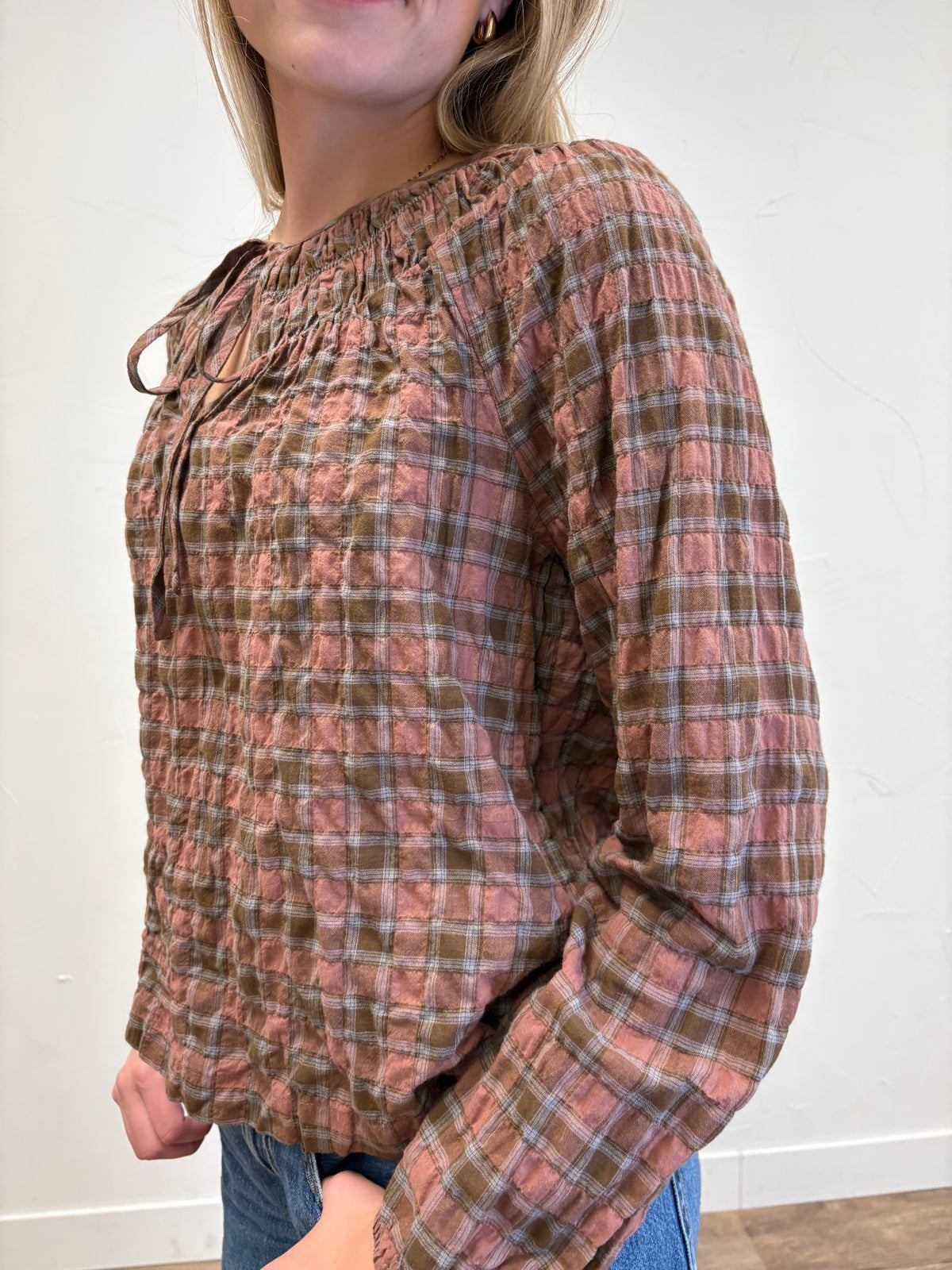 Plaid Shirred Yoke Front Tie Top