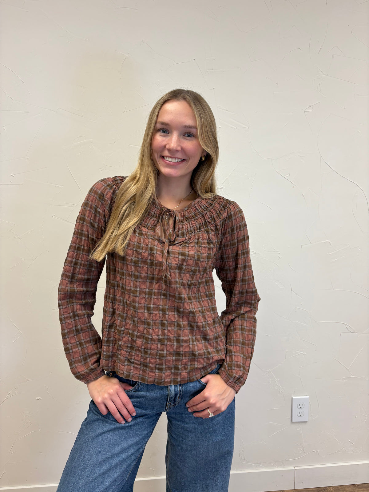 Plaid Shirred Yoke Front Tie Top