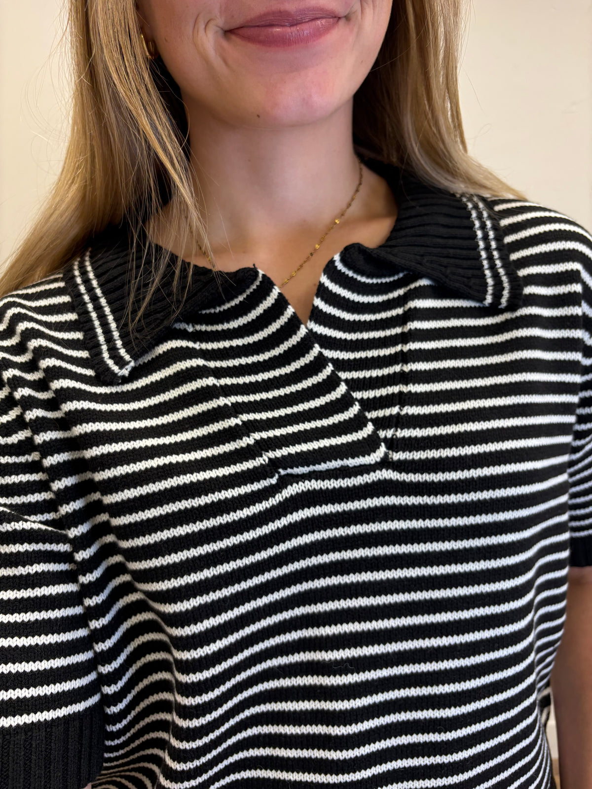 Striped Short Sleeve Collar Knit Top
