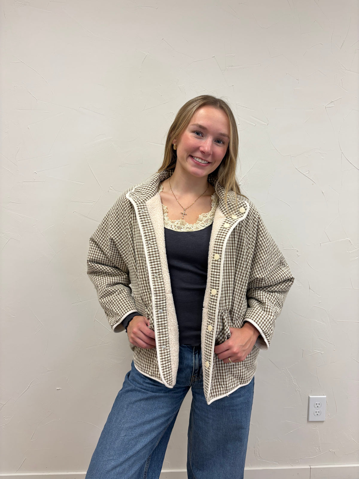 Gingham contrast reversible jacket