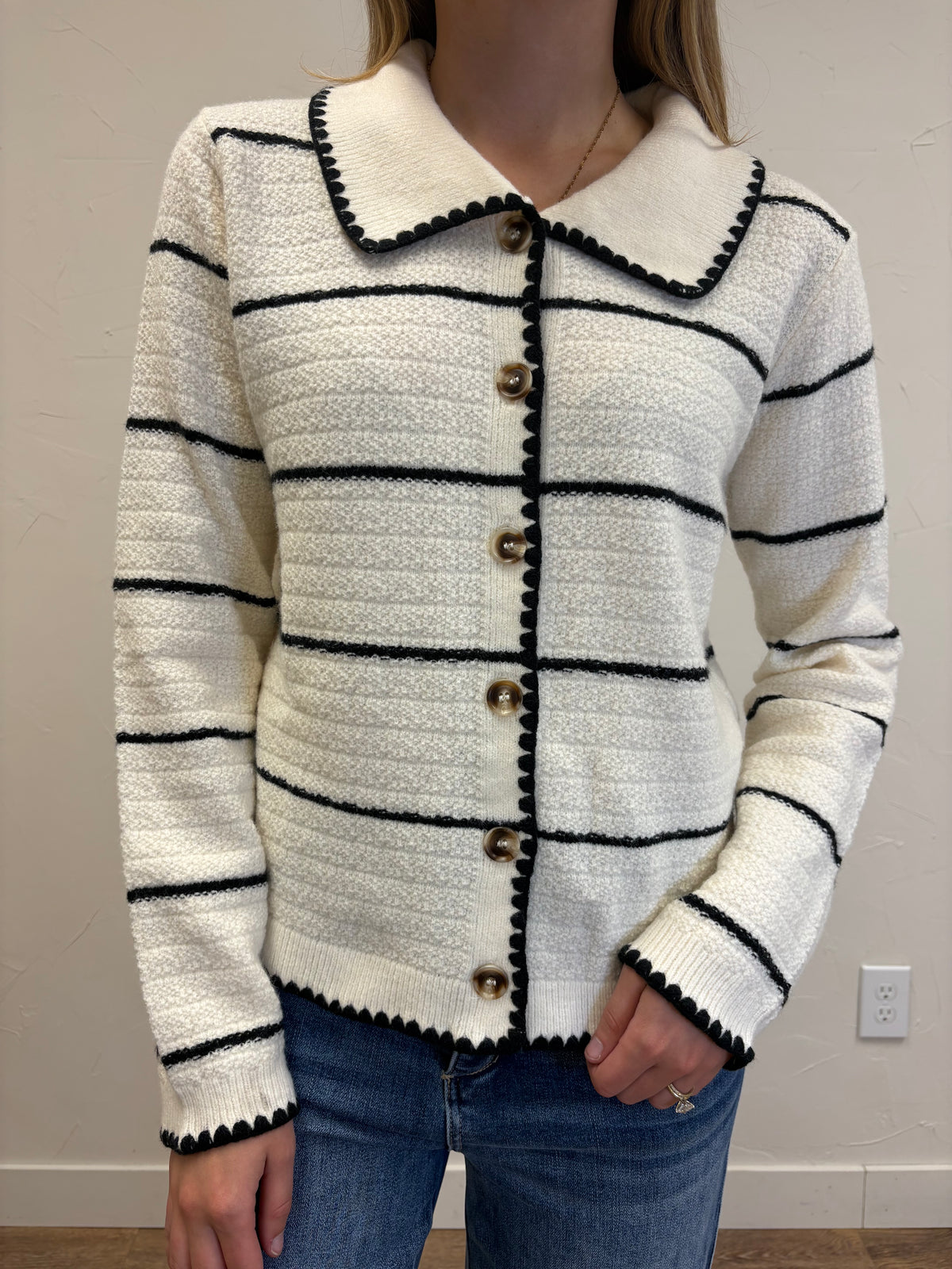 Collared Button Down Stripe Sweater Cardigan