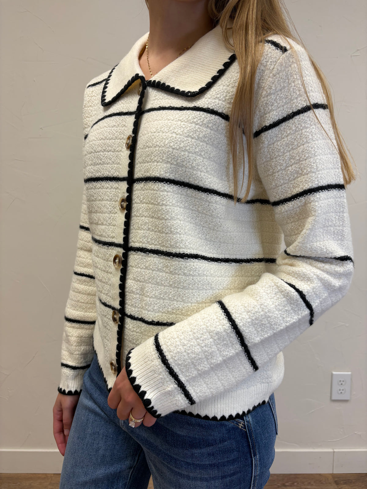 Collared Button Down Stripe Sweater Cardigan