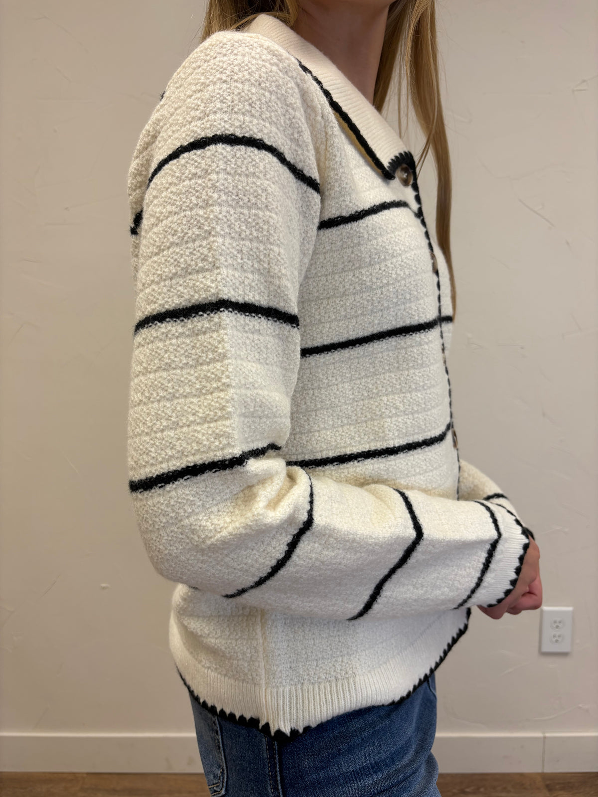 Collared Button Down Stripe Sweater Cardigan