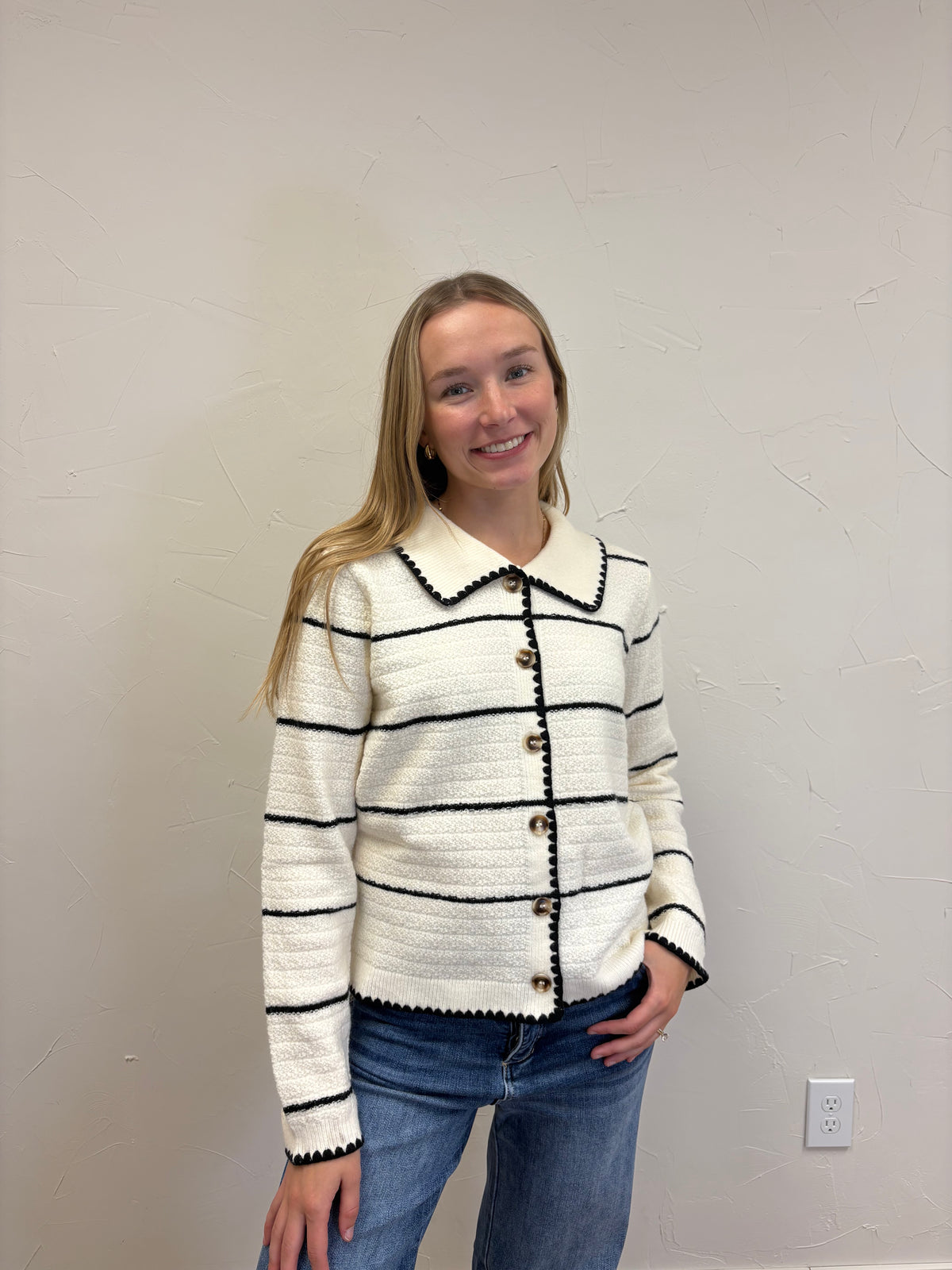 Collared Button Down Stripe Sweater Cardigan