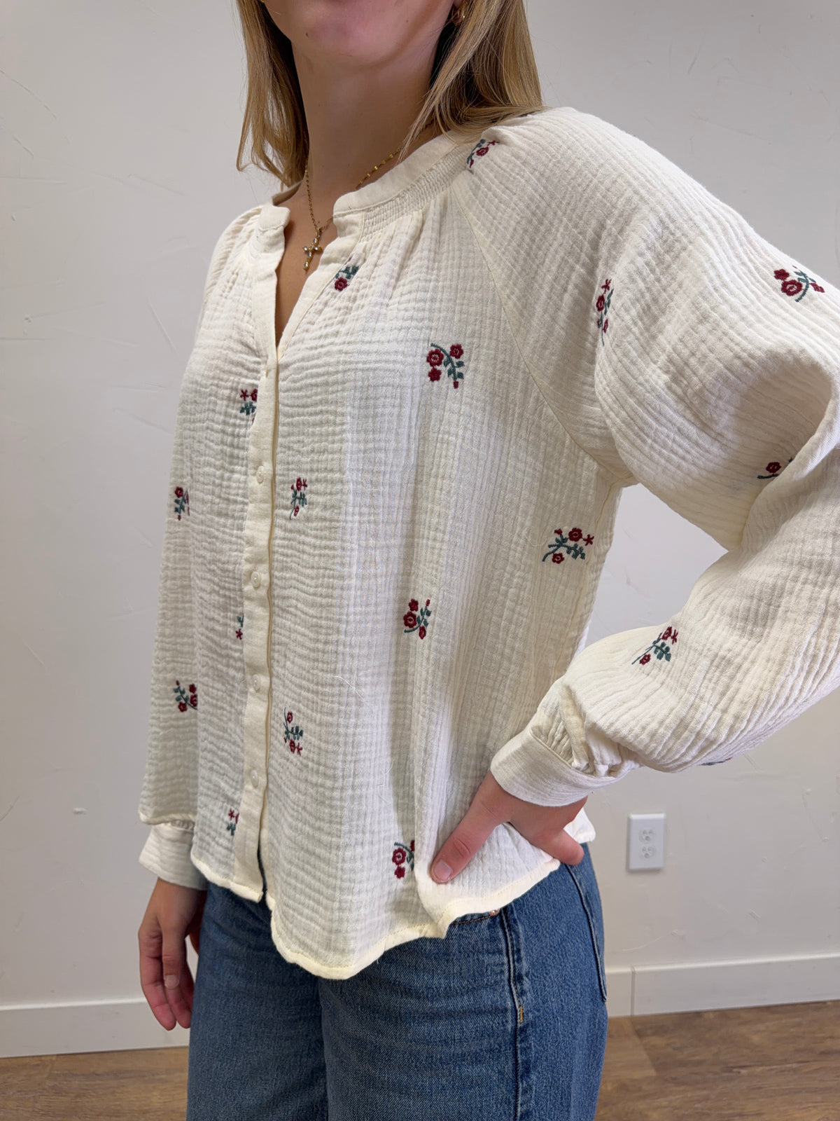 Little Flower Embroidered Smocked Neckline Blouse