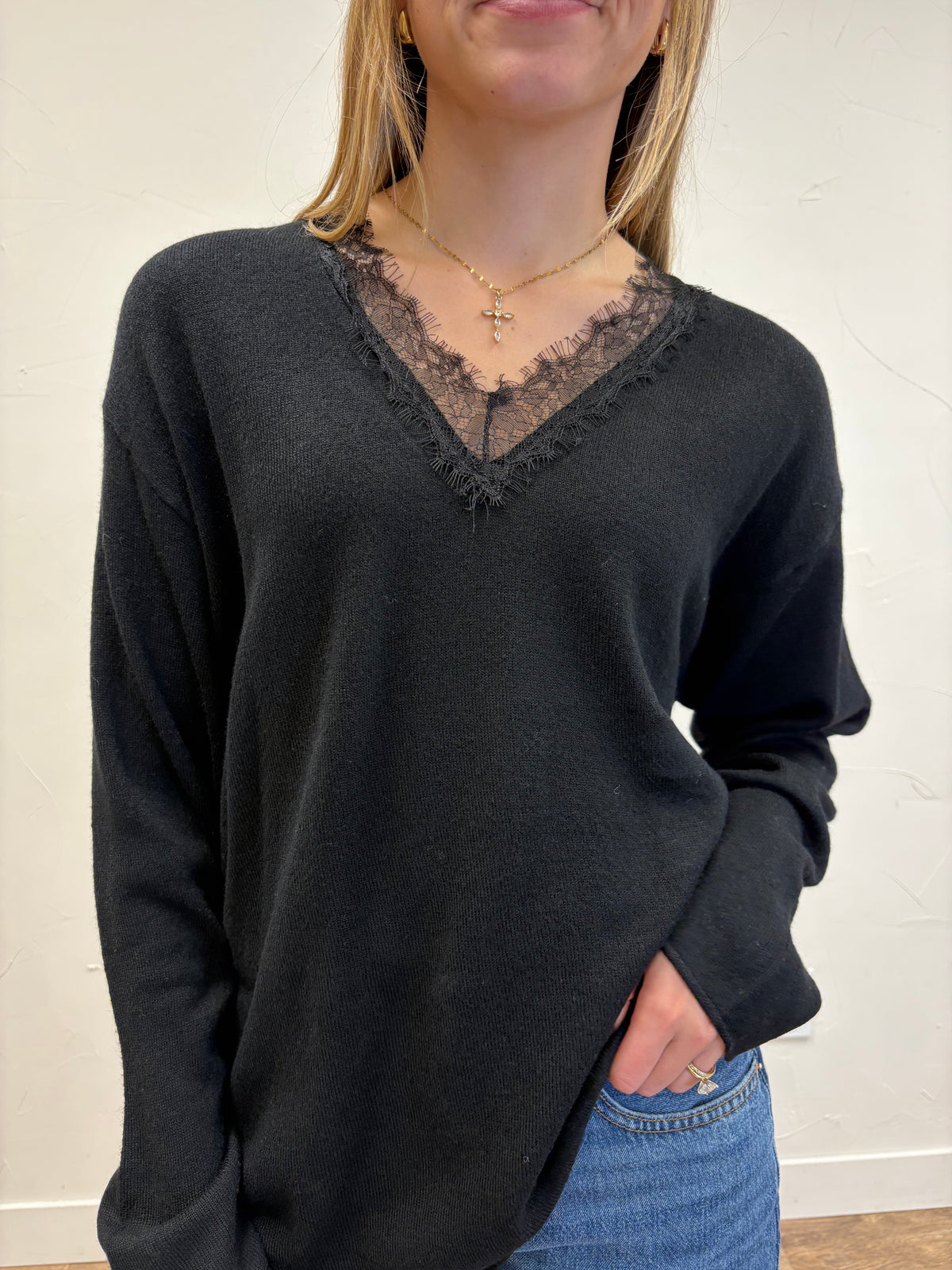 Lace Contrasted Knit Top