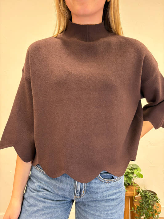 scalloped hem mock neck sweater