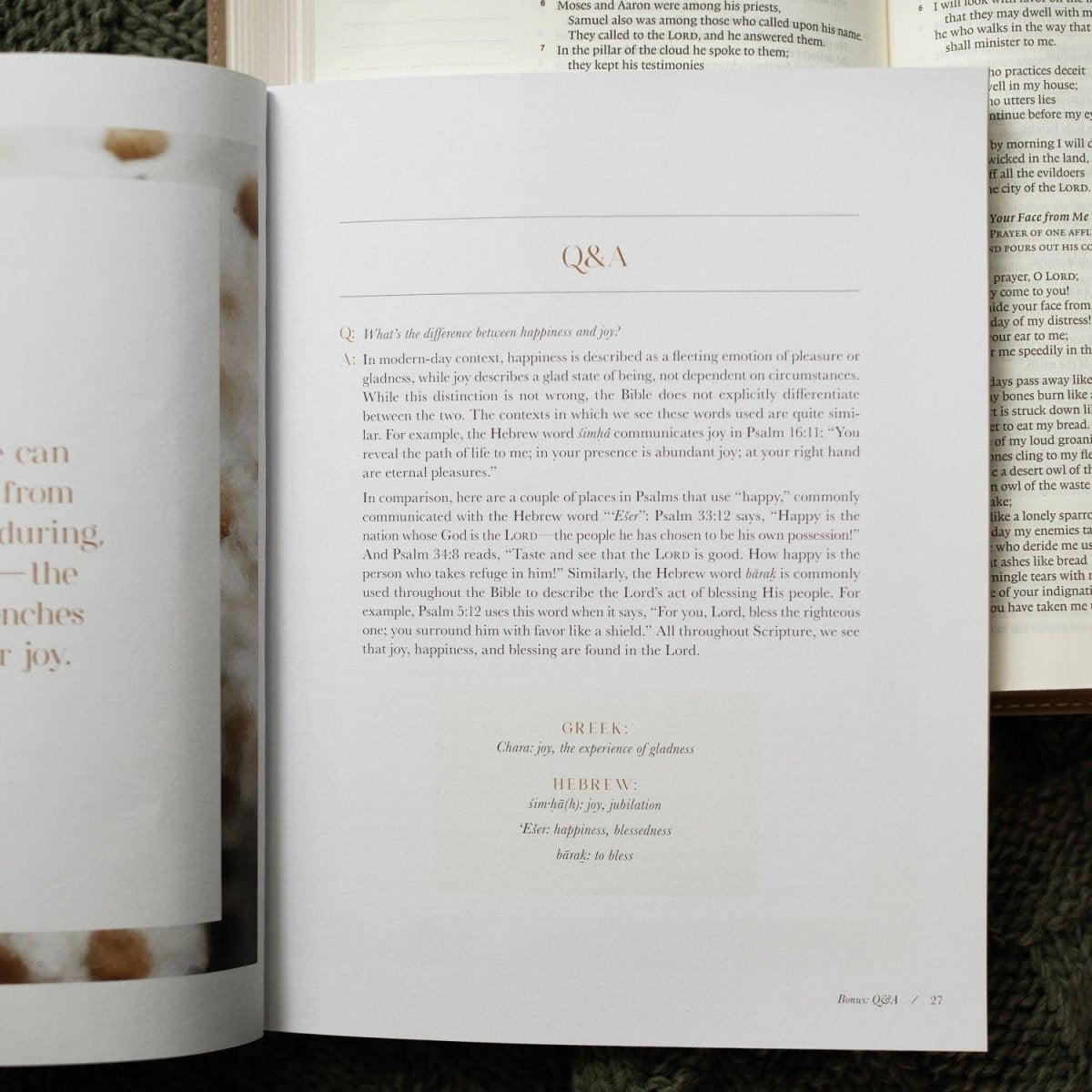 Flat lay of Bible study book on textured fabric with notebook and pen — Three:Twelve Boutique