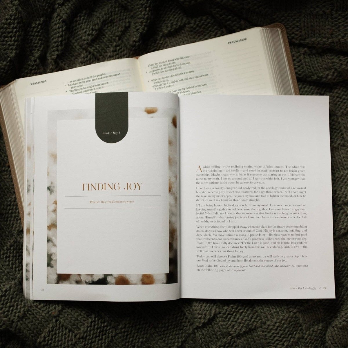 Flat lay of Bible study book on textured fabric with notebook and pen — Three:Twelve Boutique