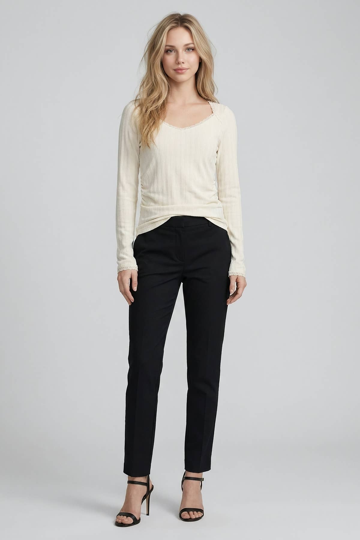 TEXTURED RIB LACE DETAIL SIDE RUCHED SIDE TOP