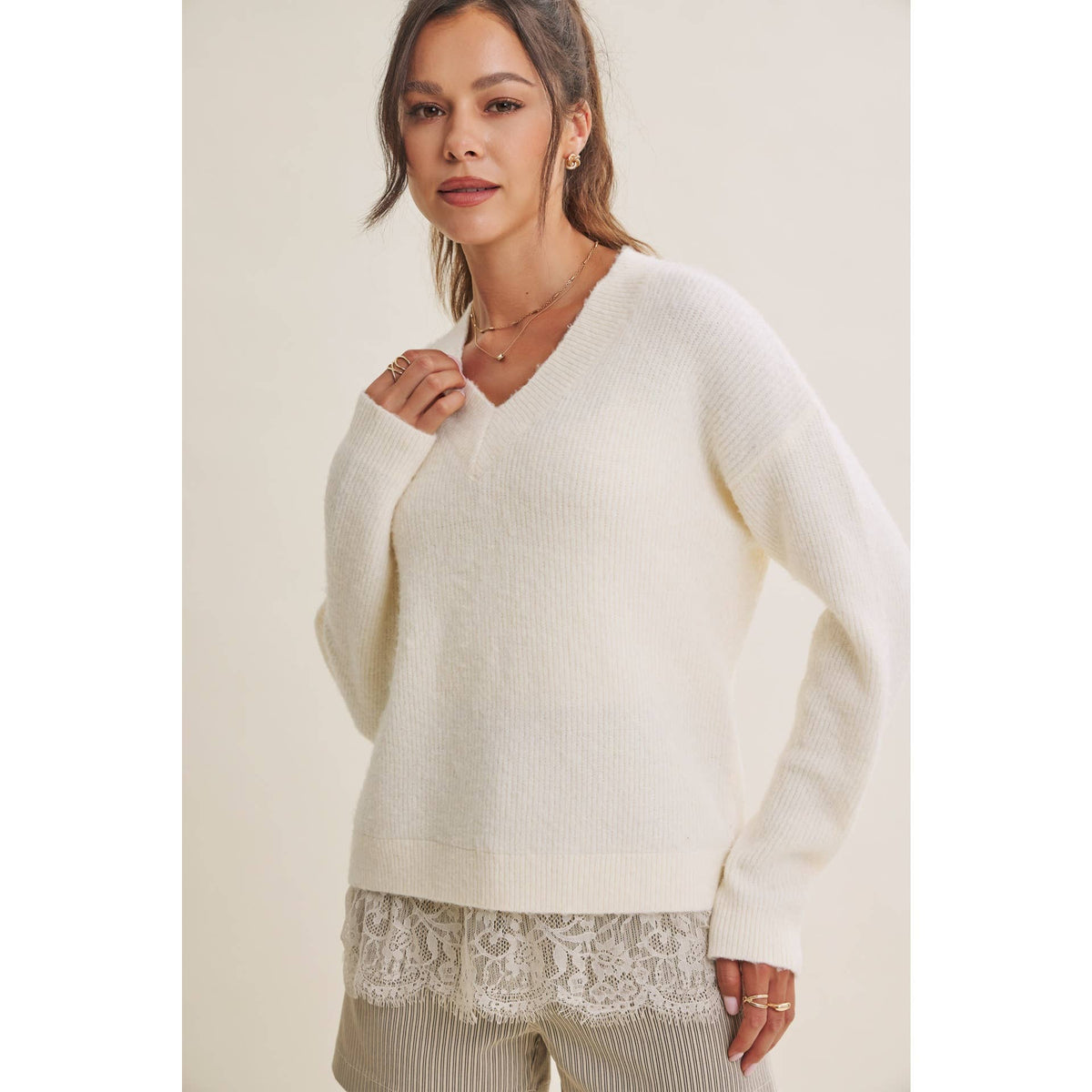 LACE TRIM BRUSHED SWEATER TOP