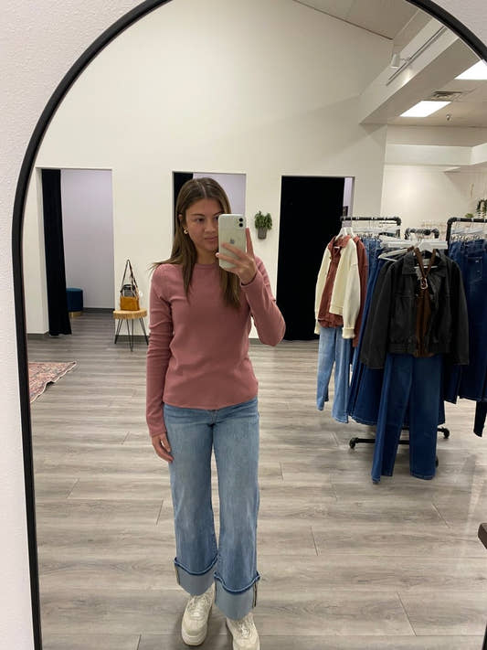 Lifestyle shot of model wearing Alder top styled with casual outfit — Three:Twelve Boutique