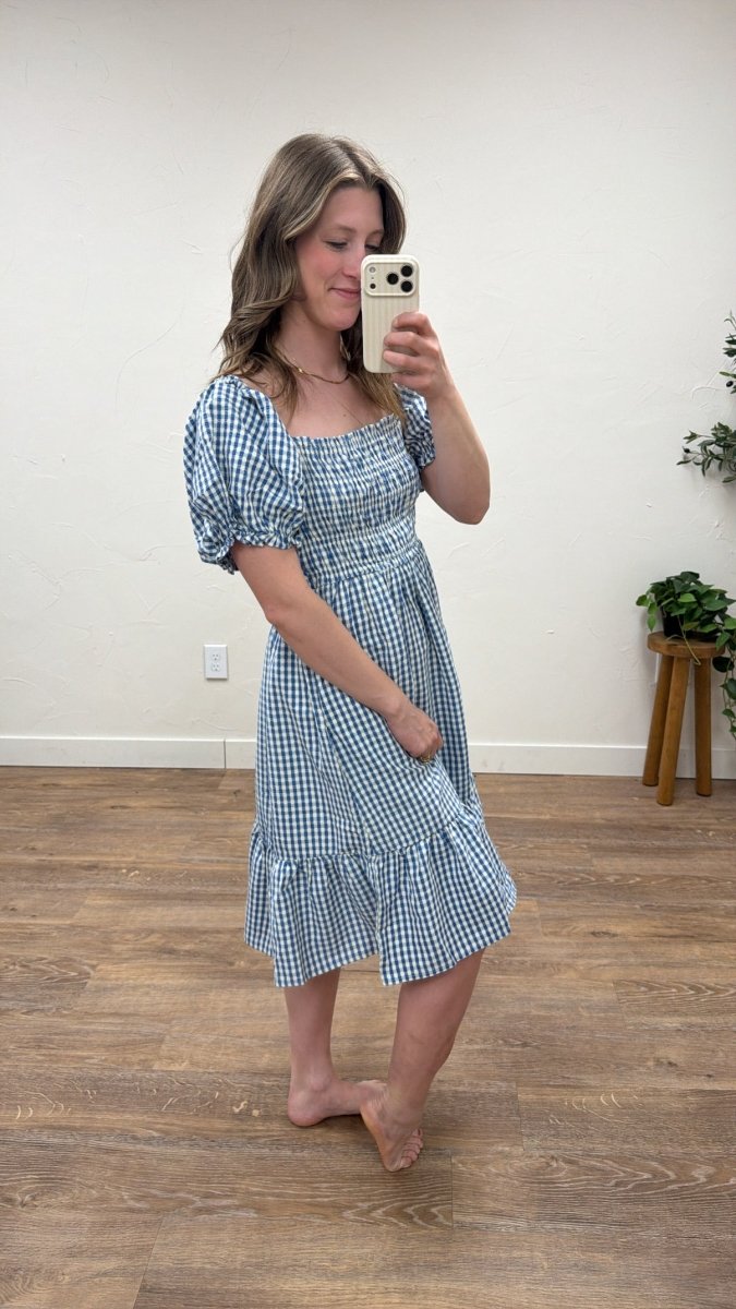 Side view of Alice gingham dress highlighting puff sleeve structure — Three:Twelve Boutique
