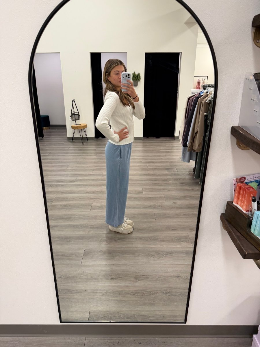 Side view of Allium pants highlighting relaxed leg shape — Three:Twelve Boutique