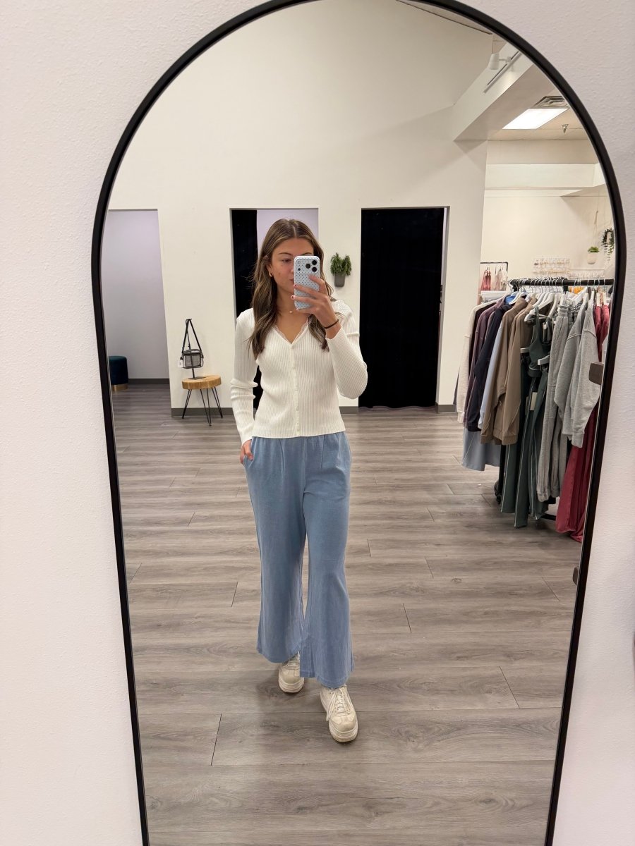 Front view of model wearing Allium pants in relaxed fit silhouette — Three:Twelve Boutique