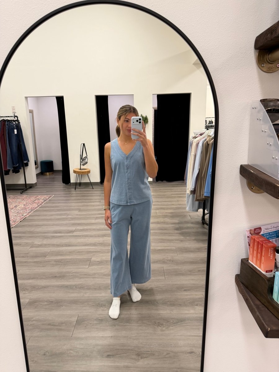 Front view of Allium Top styled on model showing full silhouette — Three:Twelve Boutique