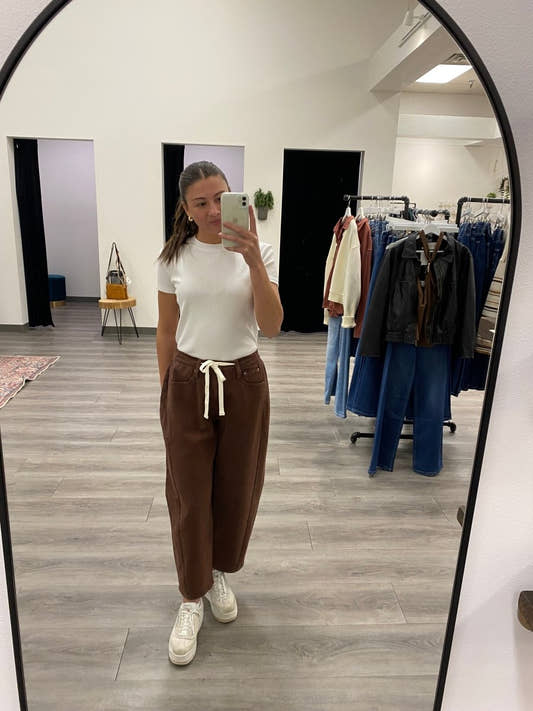 Front view of model wearing Anees pants showing full length and relaxed fit — Three:Twelve Boutique