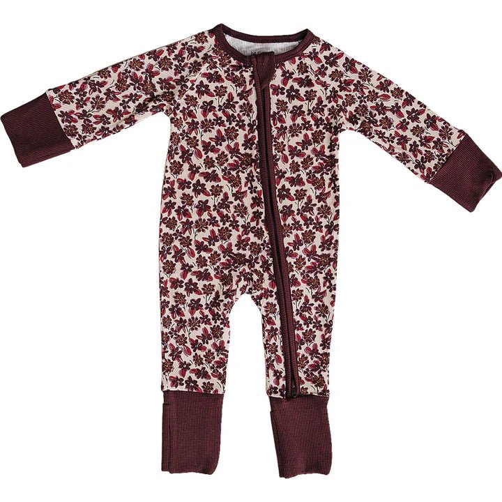 Antique Floral Ribbed Bamboo Zipper Footie - Three:Twelve Boutique - Mebie Baby