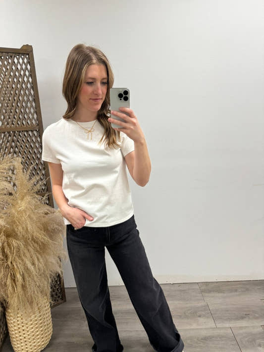 Front view of model wearing Asher Tee for Women – Classic Everyday Short Sleeve Essential Top