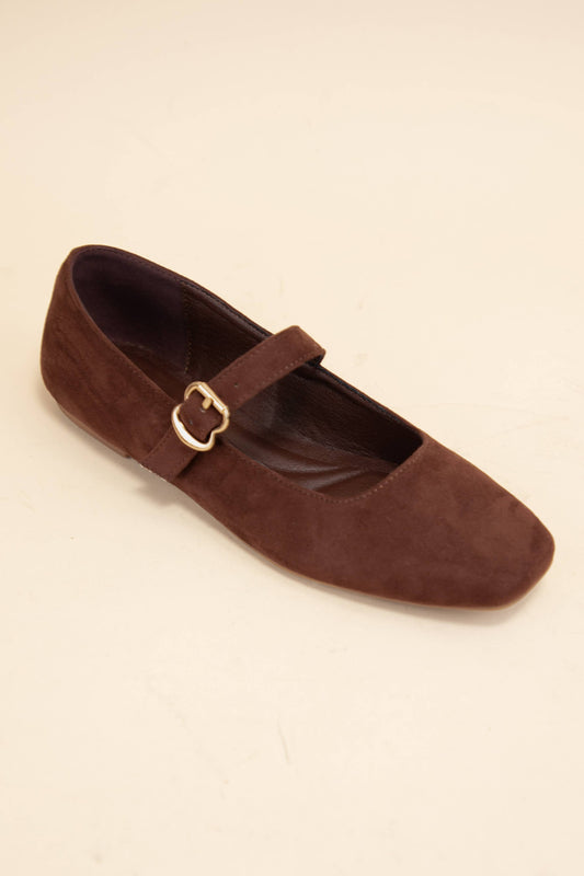 CHARLOTTE-10 BUCKLED STRAP SOFT SQUARE TOE MARY JANE FLATS: BROWN SUEDE / C12