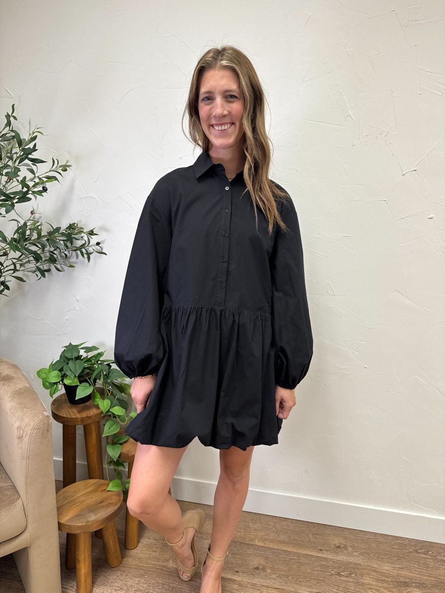 Balloon Bottom Detailed Shirt Mini Dress Black / Large Balloon Bottom Detailed Shirt Mini Dress Black / Large