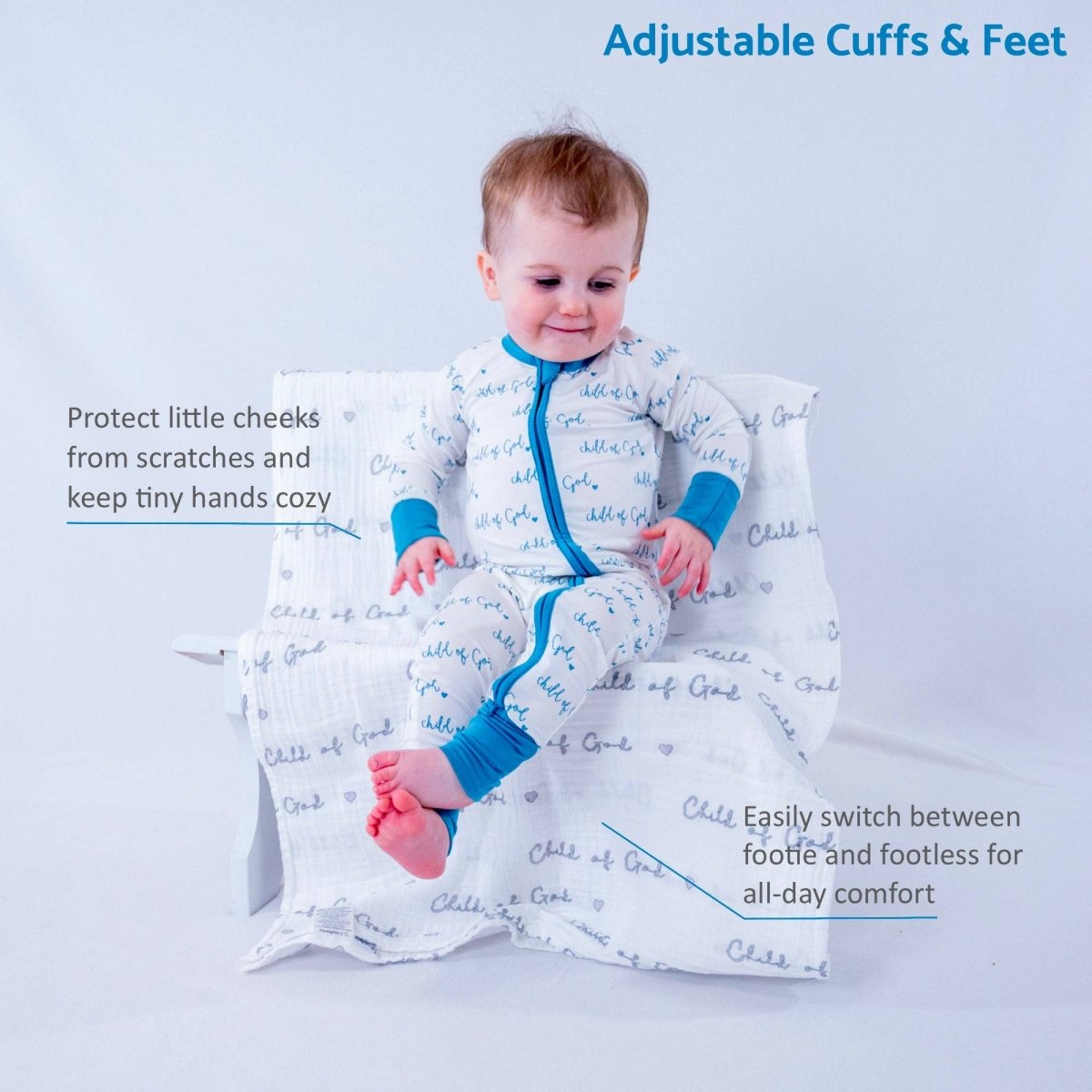 Bamboo Baby Convertible Zipper Pajama Blue Child of God - Three:Twelve Boutique - LollyBanks