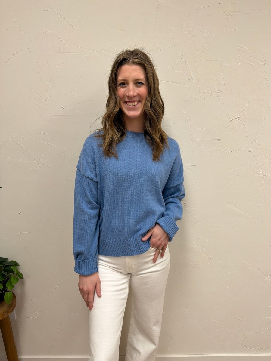 Front view of model wearing Basic Relaxed Crop Sweater in neutral color — Three:Twelve Boutique