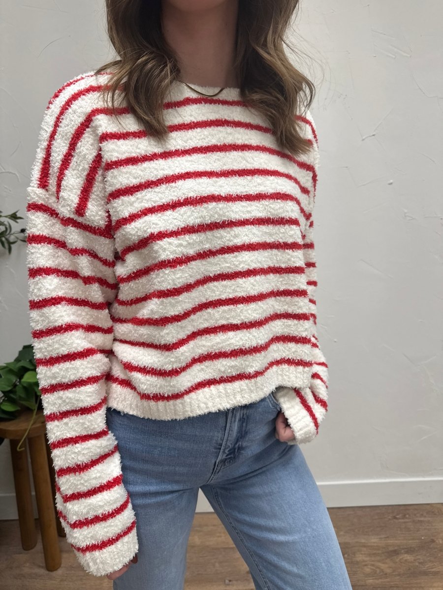 Close up of knit fabric texture and stripe detailing on sweater — Three:Twelve Boutique