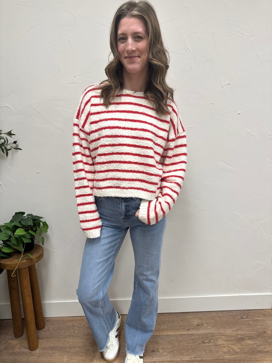 Front view of model wearing basic striped knit sweater showing striped pattern — Three:Twelve Boutique