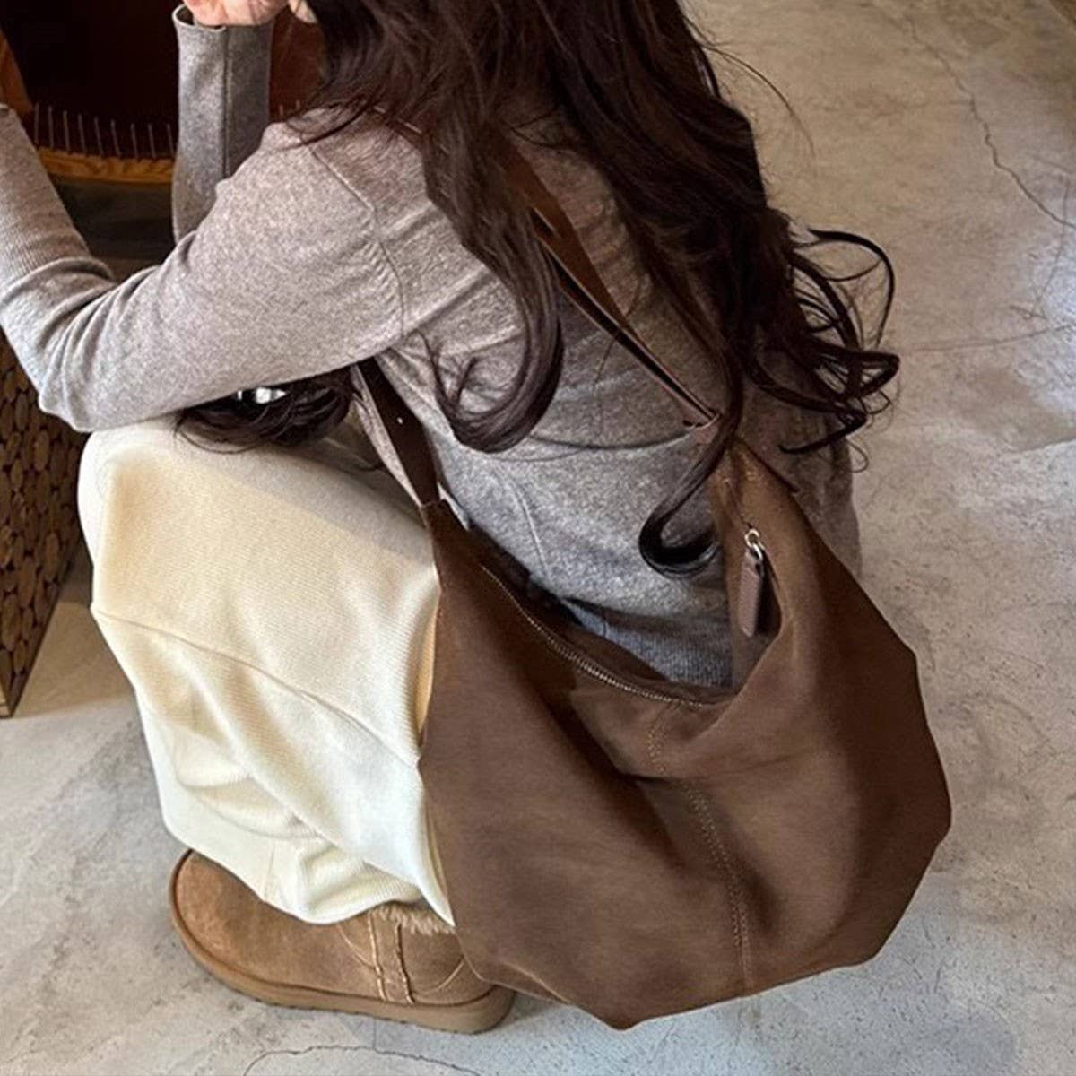 FROSTED SUEDE BAG VINTAGE SHOULDER MESSENGER BAG Brown