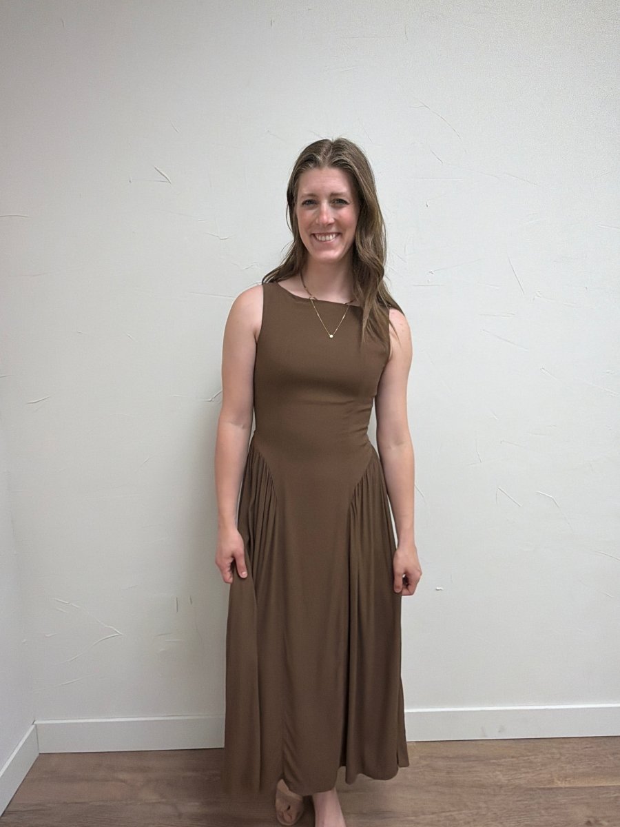 Front view of model wearing Boat Neck Sleeveless Basque Waist Midi Dress — Three Boutique