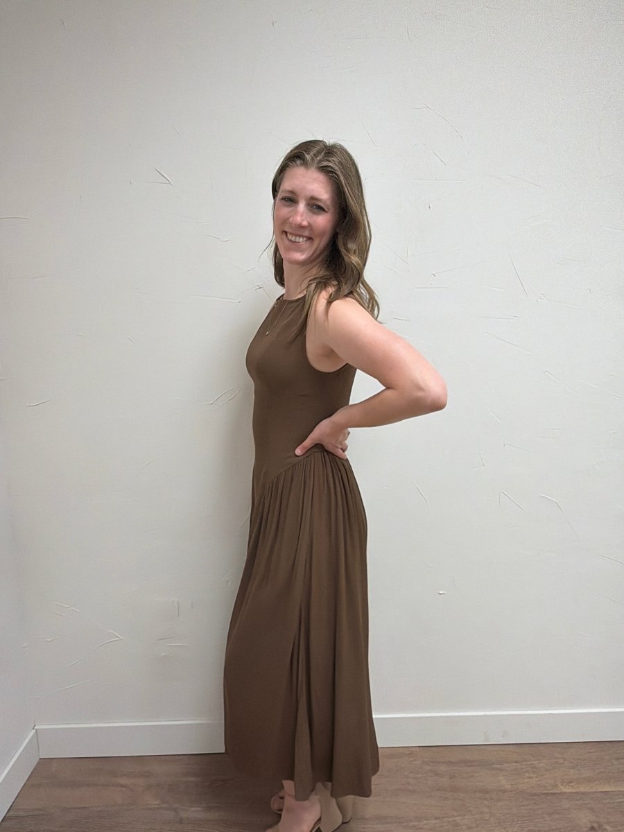 Side view of Boat Neck Sleeveless Midi Dress highlighting basque waist detail — Three Boutique