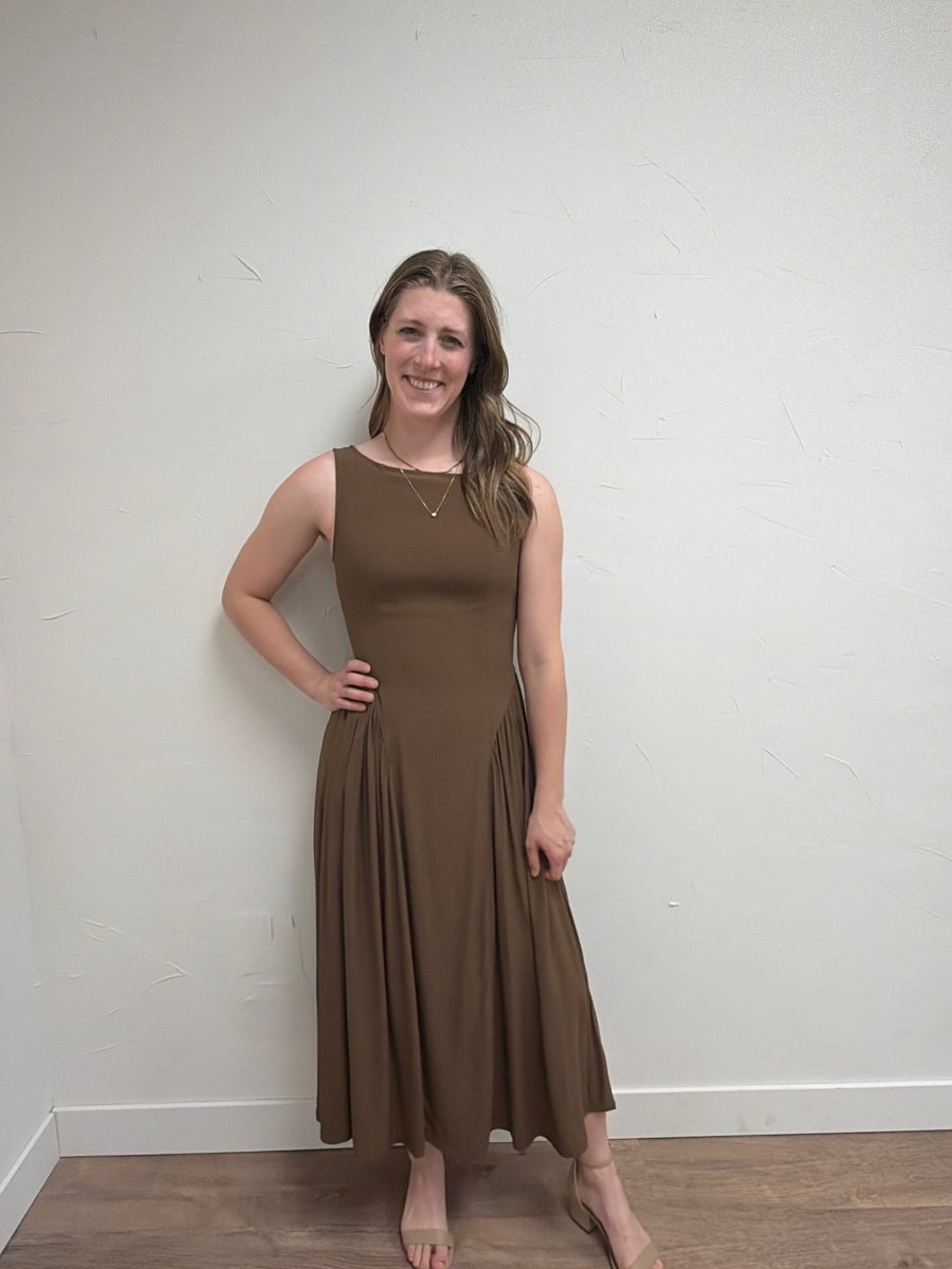 Front view of model wearing Boat Neck Sleeveless Basque Waist Midi Dress — Three Boutique