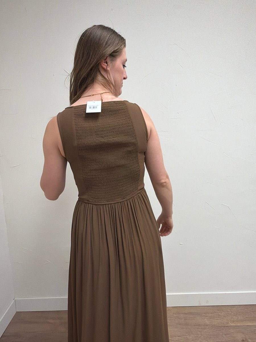 Back view of Boat Neck Sleeveless Midi Dress showing fitted silhouette — Three Boutique