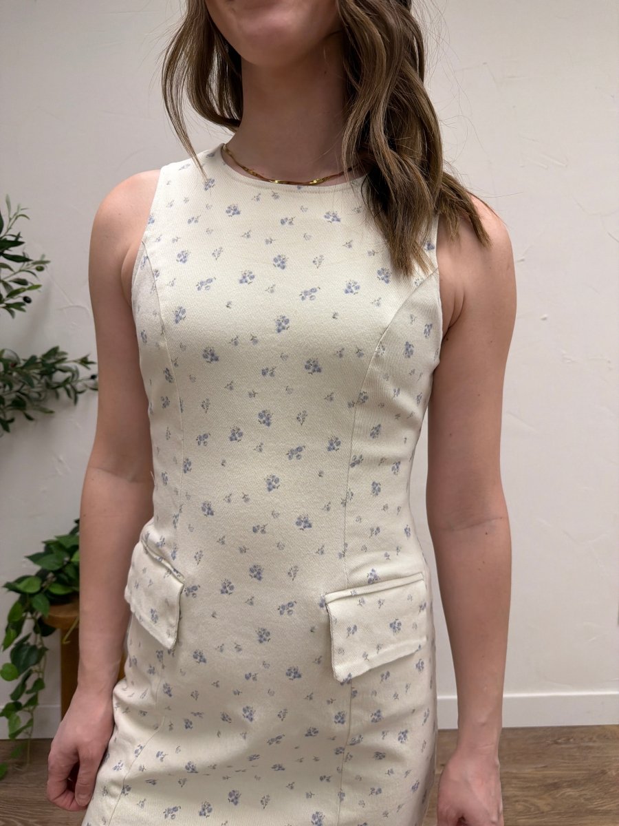 Boat Neck Sleeveless Ditsy Print Twill Dress - Three:Twelve Boutique - SundayEdition