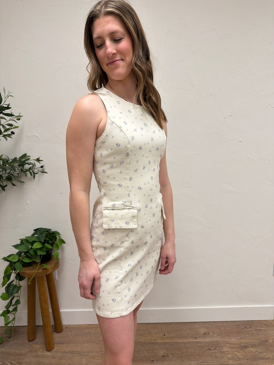 Boat Neck Sleeveless Ditsy Print Twill Dress - Three:Twelve Boutique - SundayEdition