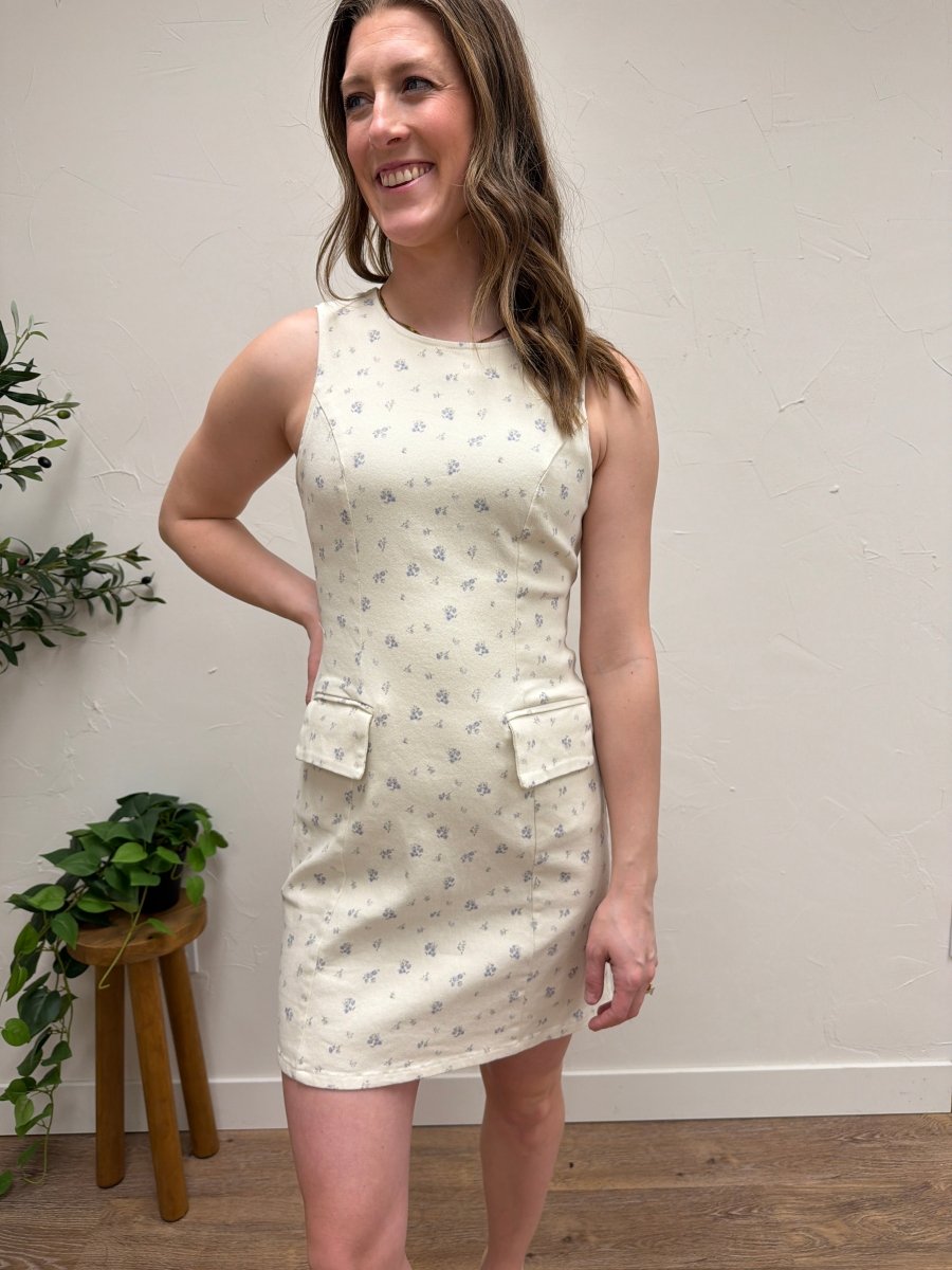 Boat Neck Sleeveless Ditsy Print Twill Dress - Three:Twelve Boutique - SundayEdition