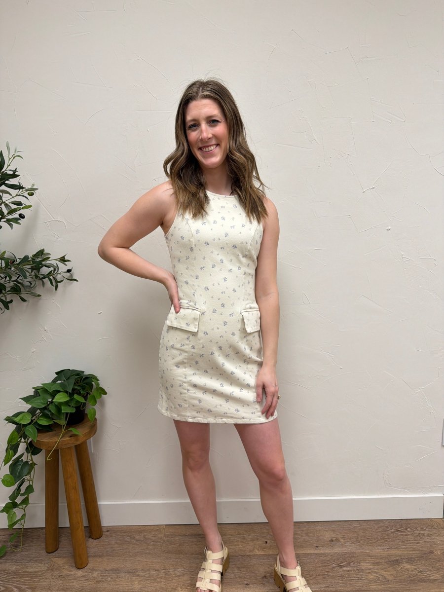 Boat Neck Sleeveless Ditsy Print Twill Dress - Three:Twelve Boutique - SundayEdition