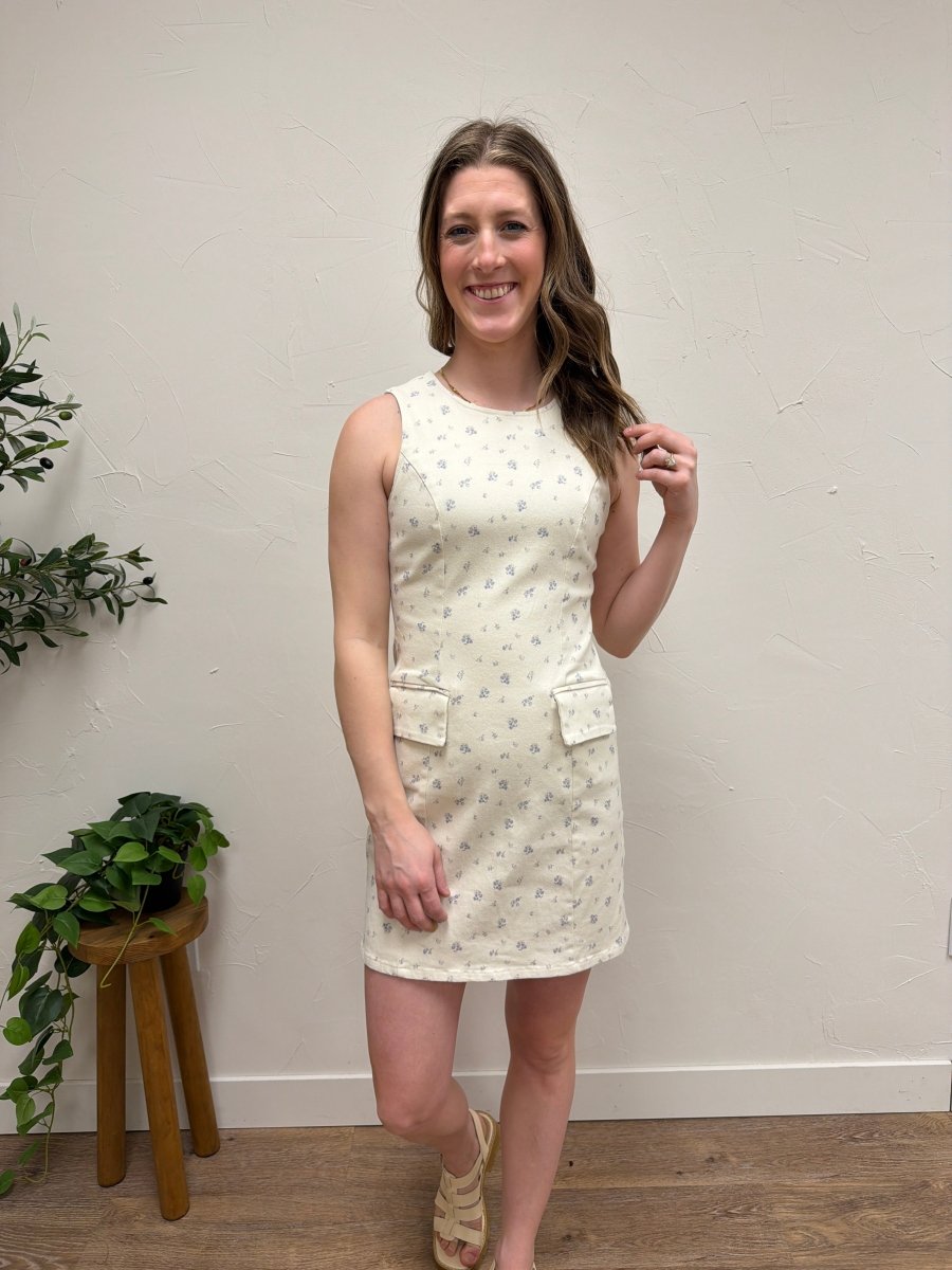 Boat Neck Sleeveless Ditsy Print Twill Dress - Three:Twelve Boutique - SundayEdition