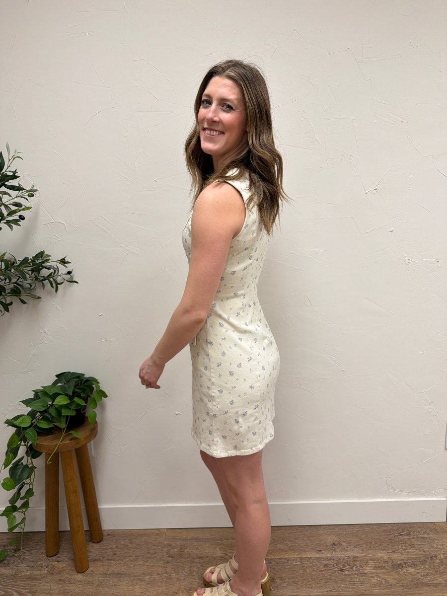 Boat Neck Sleeveless Ditsy Print Twill Dress - Three:Twelve Boutique - SundayEdition