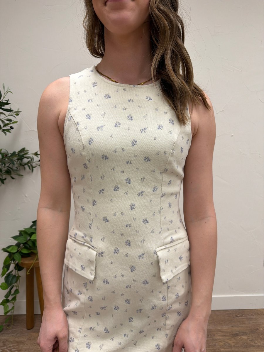 Boat Neck Sleeveless Ditsy Print Twill Dress - Three:Twelve Boutique - SundayEdition