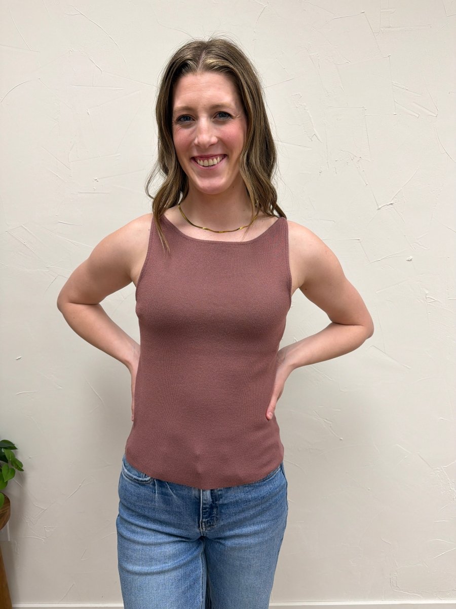 Lifestyle shot of model wearing Boat Neck Sweater Tank styled with casual outfit — Three:Twelve Boutique