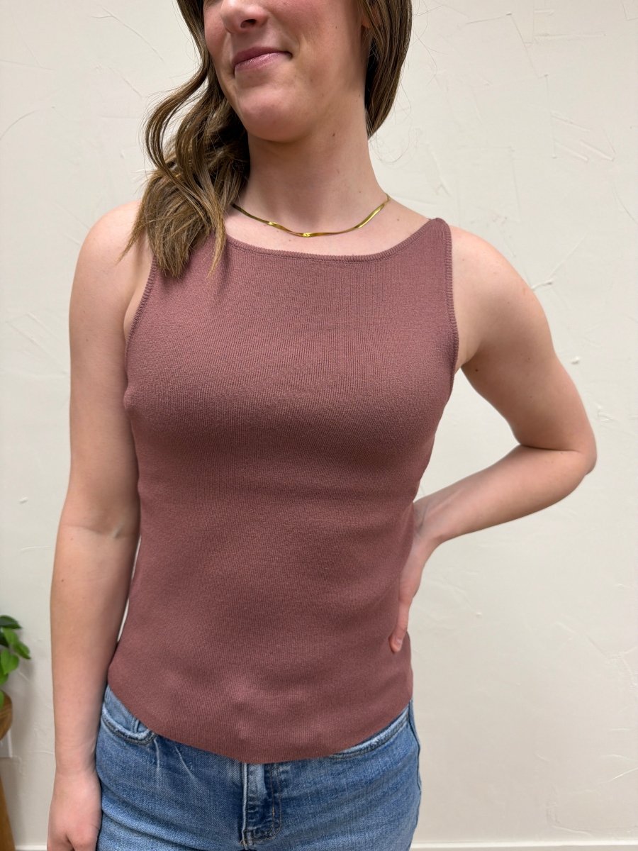 Front view of model wearing Boat Neck Sweater Tank showing boat neck and sleeveless style — Three:Twelve Boutique